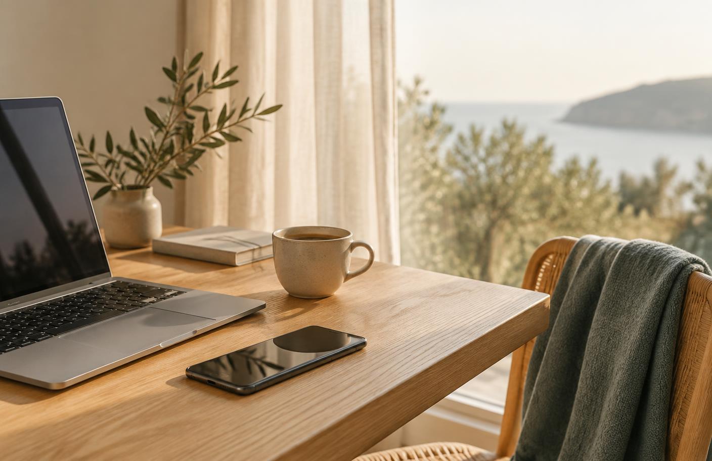 A laptop and notebook on a sunlit desk